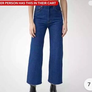 RE/DONE High Rise Wide Leg Crop Jeans Raw Hem Button Fly, Size 27, Dark Blue